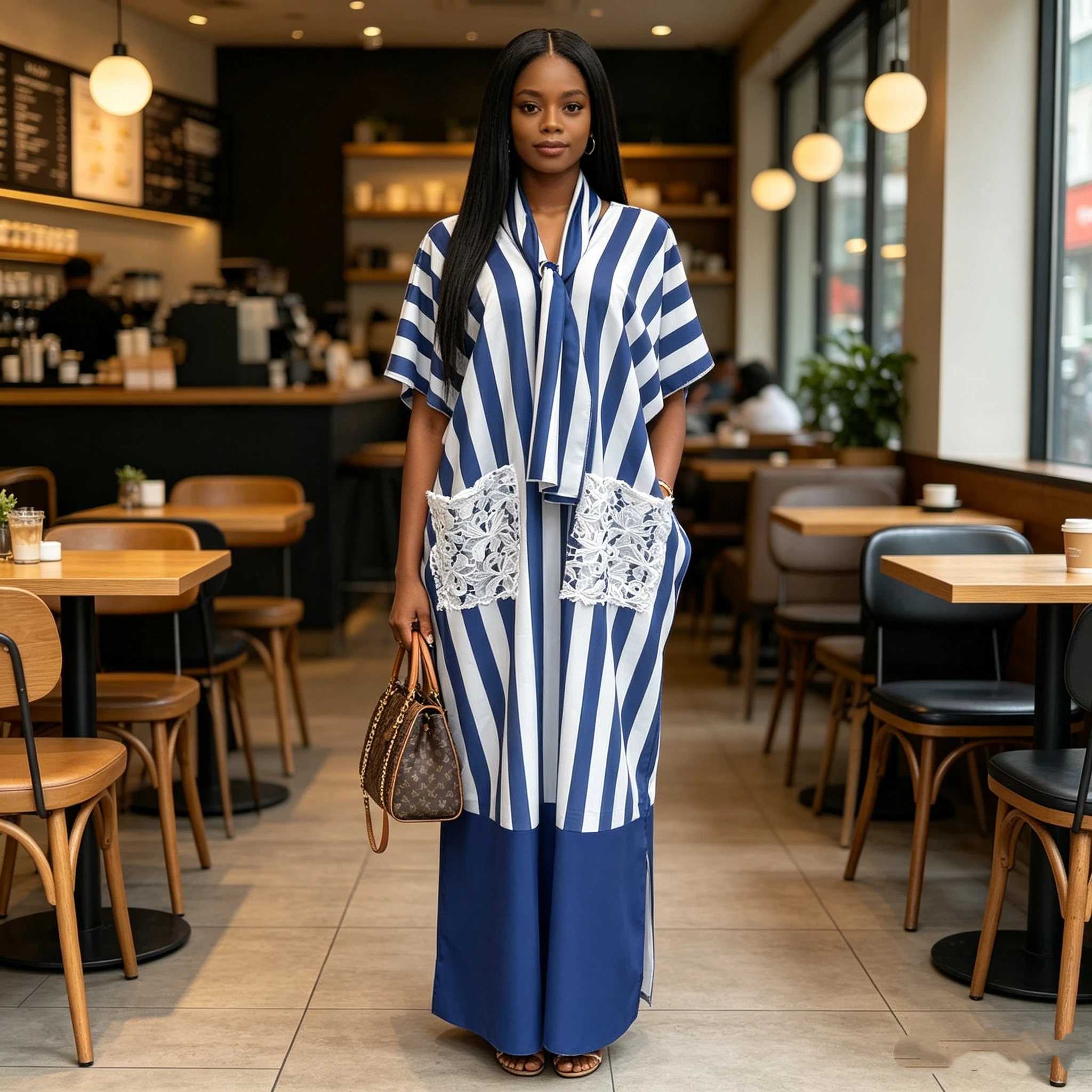 2026 Collection African Style Women's Plus-Size Dashiki V-Neck Striped Knitted Top Long Made Polyester for Loose Vacation Wear - 图片 6