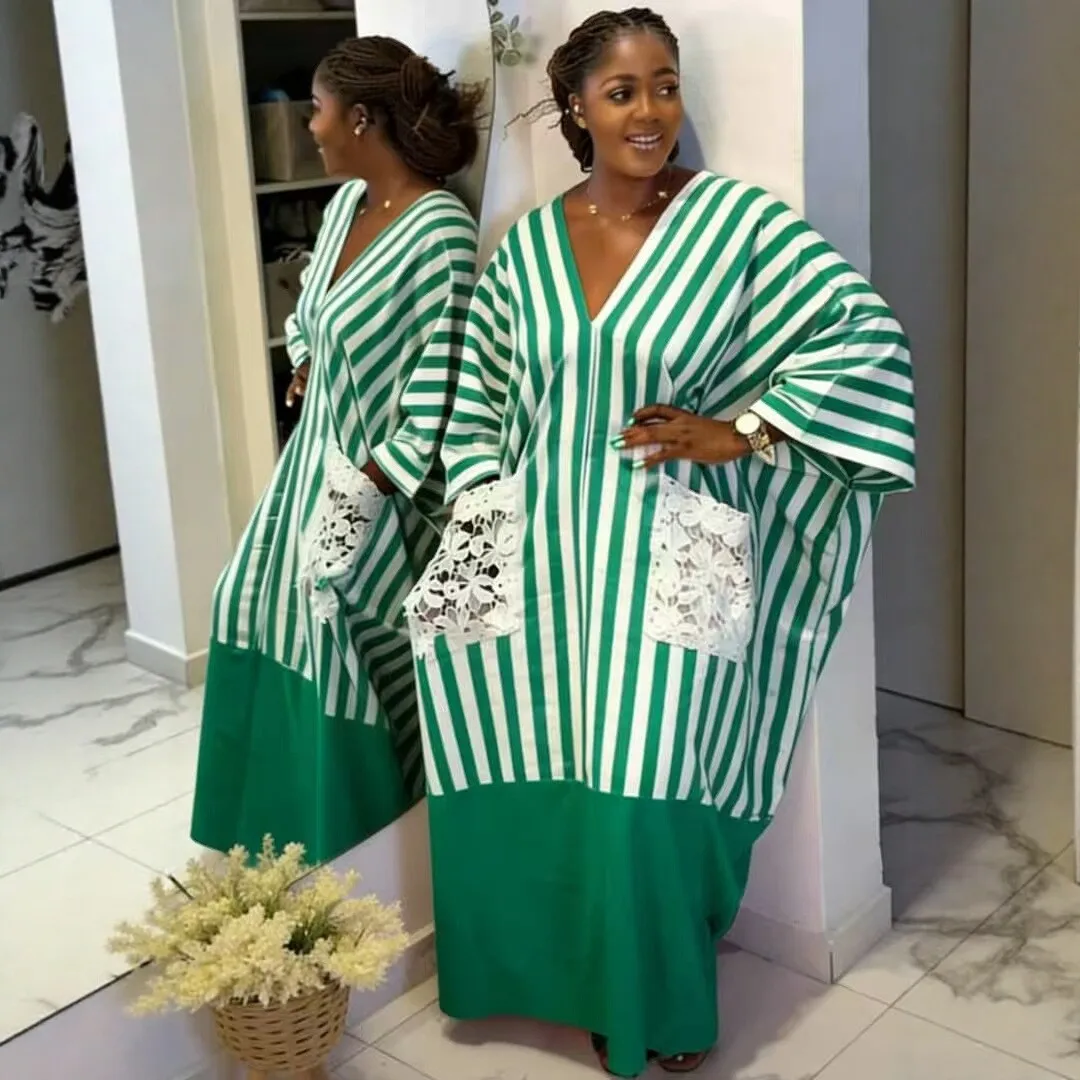 Cross-border African Women's Dashiki 2026 New Striped V-Neck Long-Sleeve Knitted Polyester Loose Vacation Style Plus-Size - 图片 2