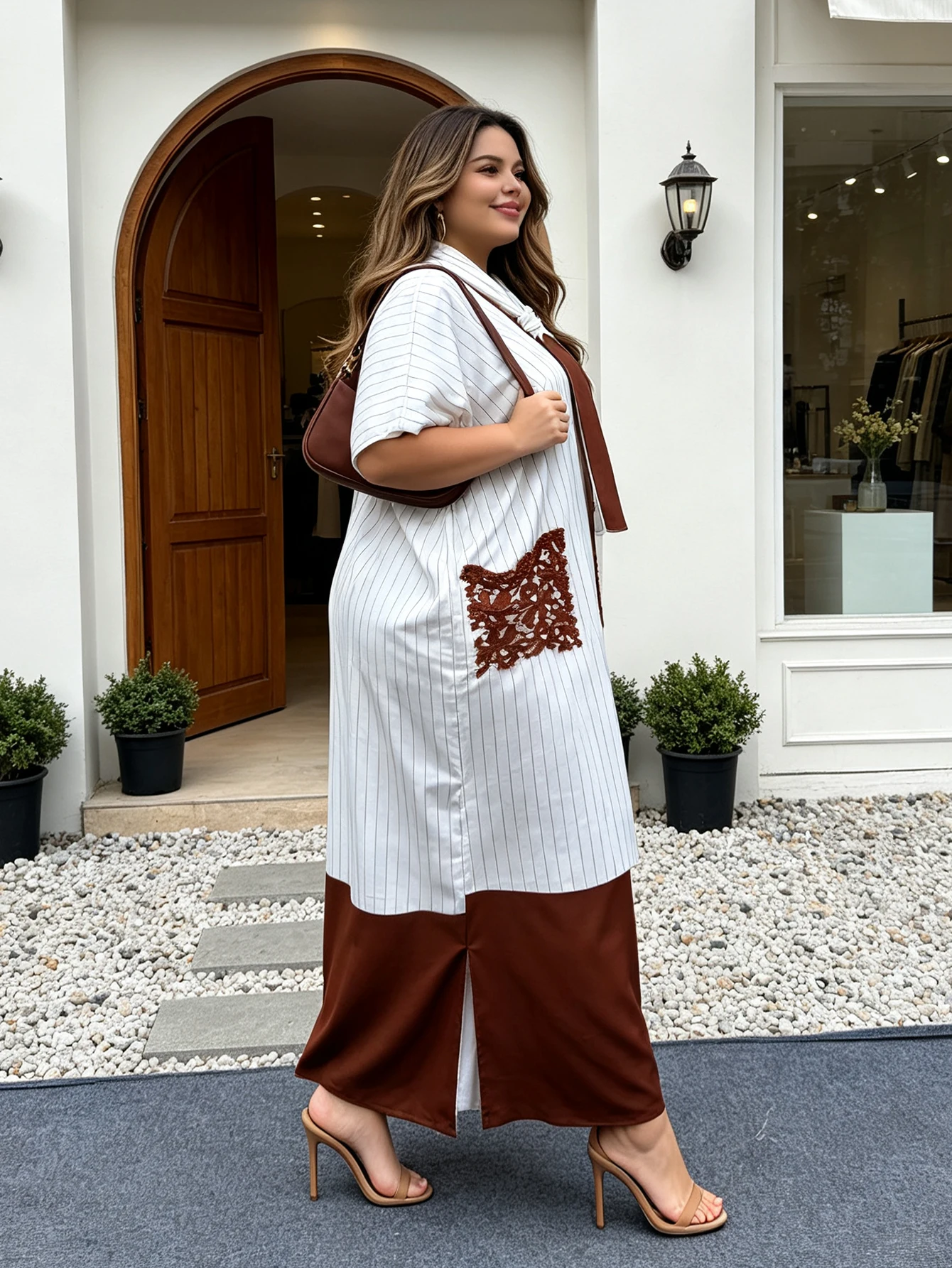 2026 Collection African Style Women's Plus-Size Dashiki V-Neck Striped Knitted Top Long Made Polyester for Loose Vacation Wear - 图片 3