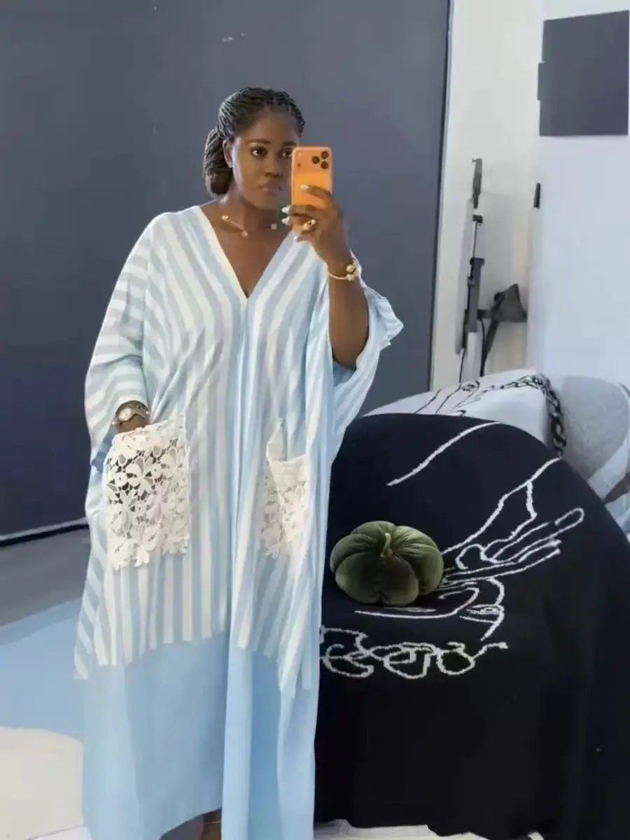 Cross-border African Women's Dashiki 2026 New Striped V-Neck Long-Sleeve Knitted Polyester Loose Vacation Style Plus-Size - 图片 6