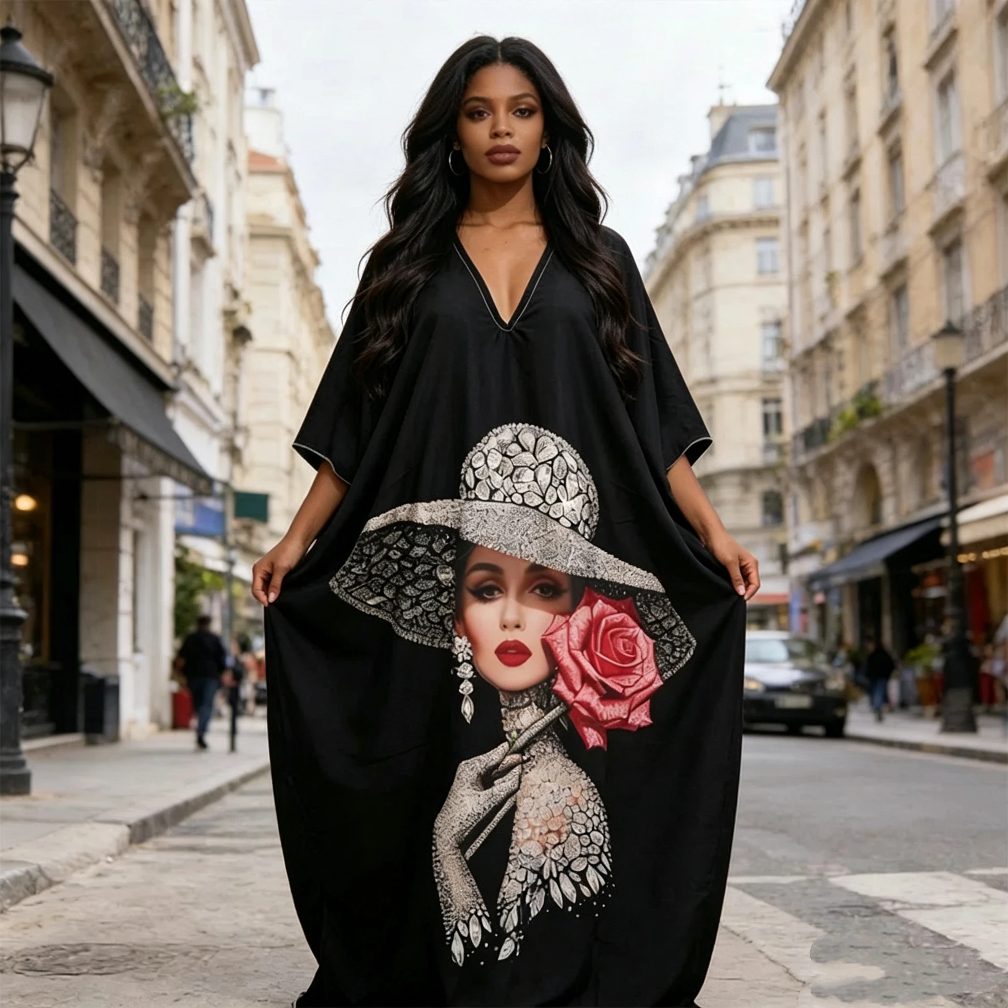"African Style Women's Large Size Embroidered Robe with Sequin Headscarf and Polyester Material"