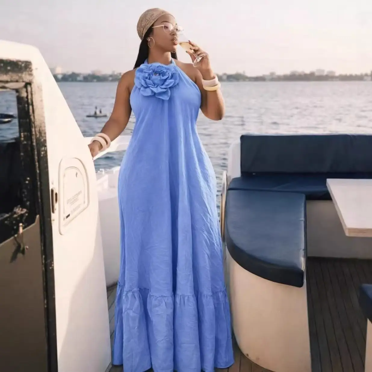 Women's Plus Size Solid Color Kaftan Long Holiday Dress with Robe and Skirt Breathable Silk Dashiki - Image 5