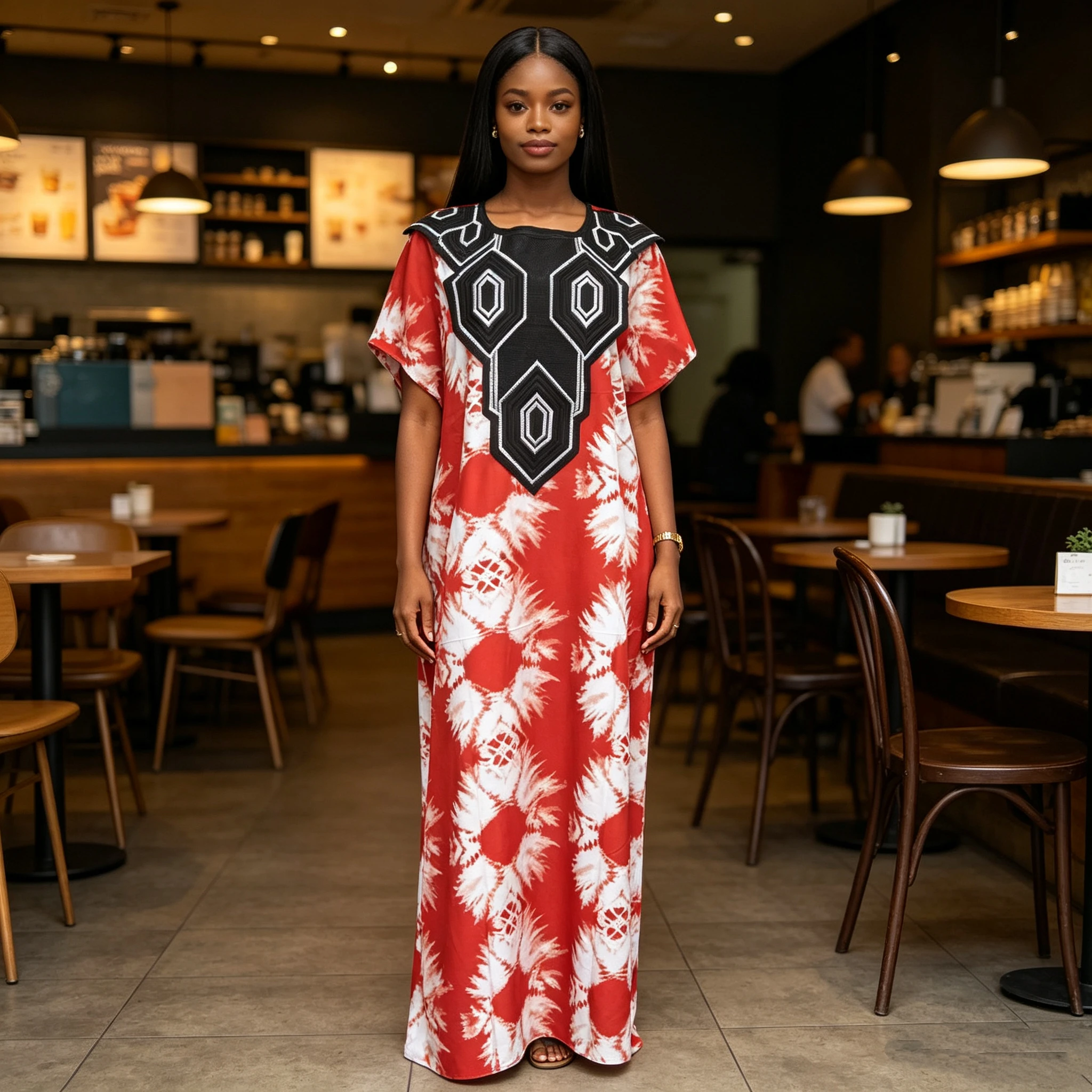 New Style Fashion Casual Summer Pocket V-Neck Tie Dyed African Printed Women Loose Dress - 图片 3