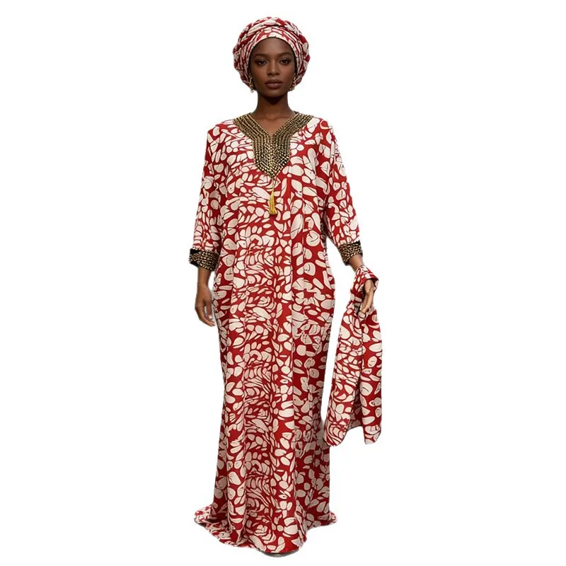 2026 New Cross-Border Fashion Women's Dashiki Print Rhinestone V-Neck Middle Eastern Plus Size African Summer Loose Fit - Image 5