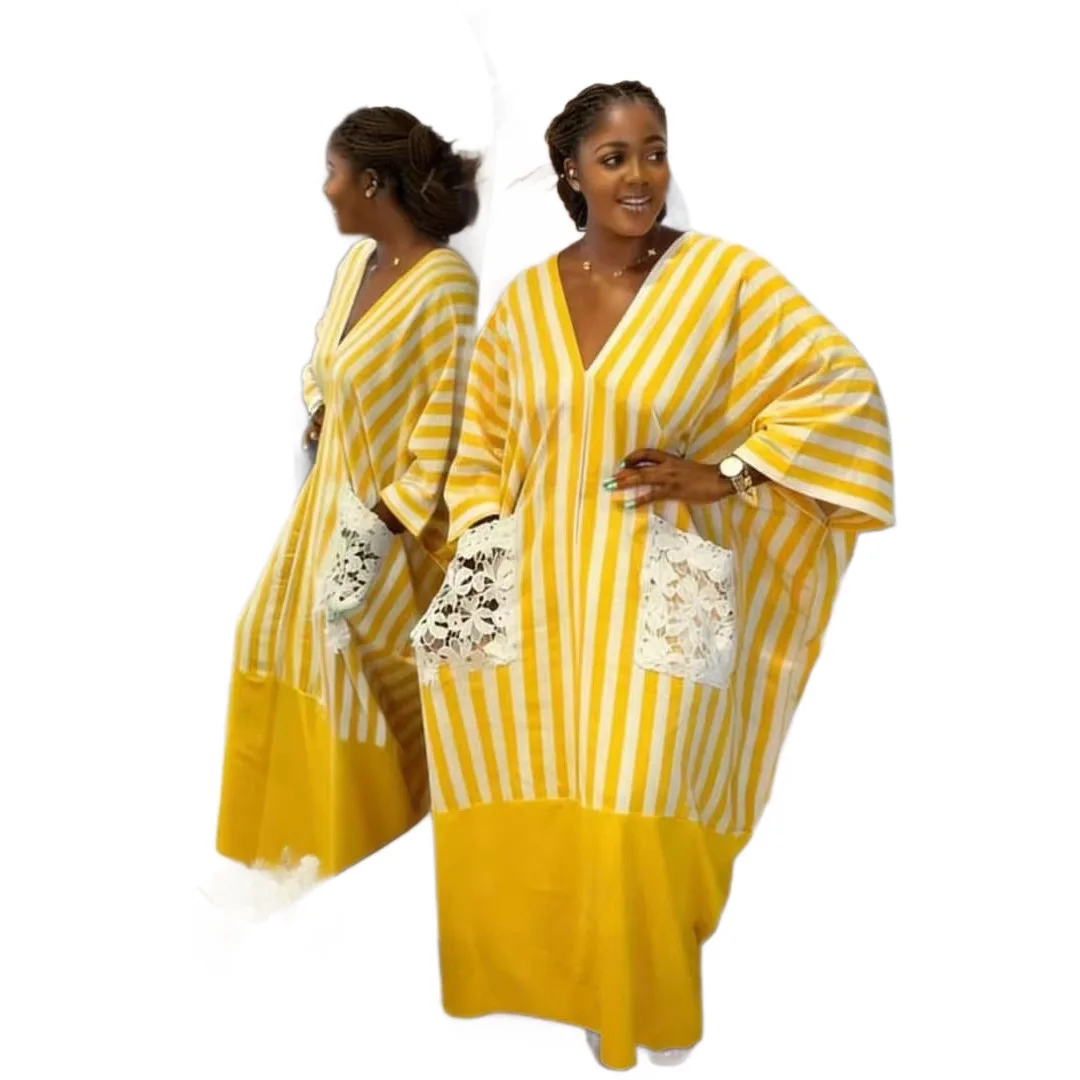 Cross-border African Women's Dashiki 2026 New Striped V-Neck Long-Sleeve Knitted Polyester Loose Vacation Style Plus-Size - 图片 5