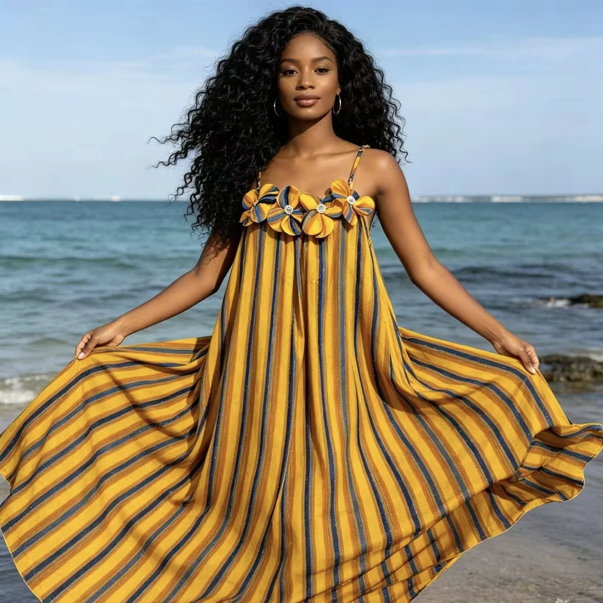 New Summer Fashion Women's V-Neck Dress Cross-Border Loose Bat Sleeve Color-Matching Strap Pocket Made Polyester