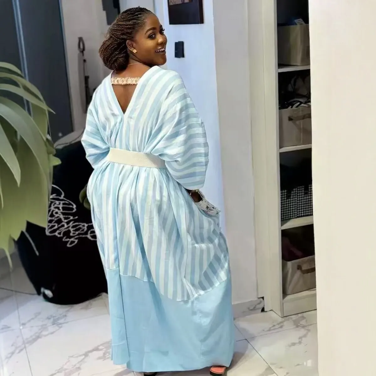 Cross-border African Women's Dashiki 2026 New Striped V-Neck Long-Sleeve Knitted Polyester Loose Vacation Style Plus-Size - 图片 4