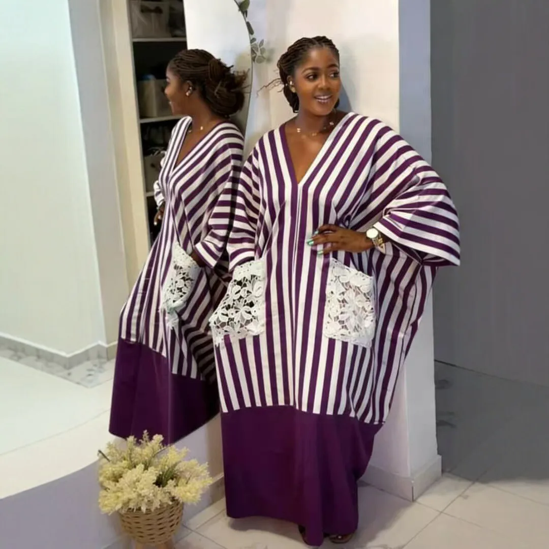 Cross-border African Women's Dashiki 2026 New Striped V-Neck Long-Sleeve Knitted Polyester Loose Vacation Style Plus-Size