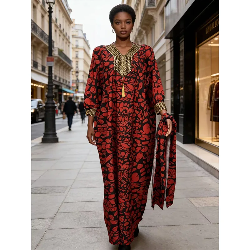 2026 New Cross-Border Fashion Women's Dashiki Print Rhinestone V-Neck Middle Eastern Plus Size African Summer Loose Fit - Image 4