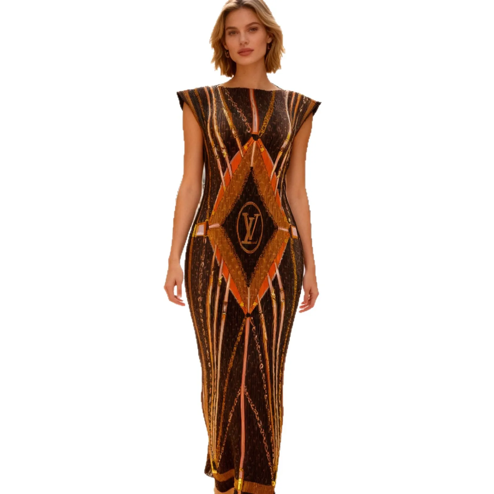 African Women's Muslim Summer Fashion Elegant Geometric Pattern Long Dress European American Neck Regular Sleeves Stretch Slim - Image 5