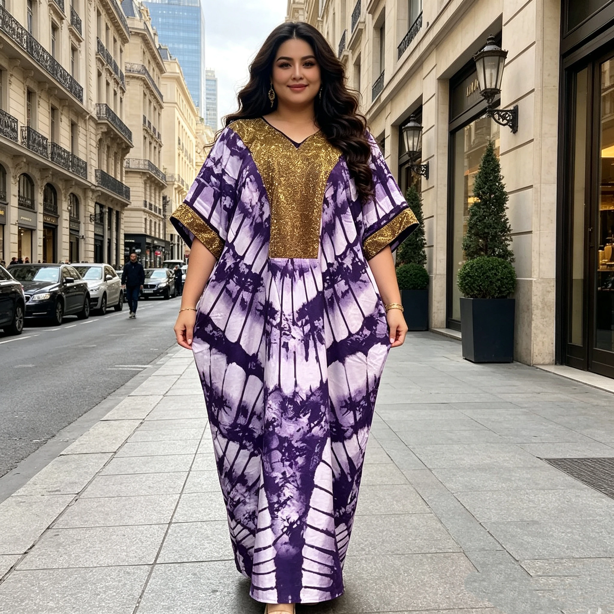 New Fashionable Large Elegant African Muslim Abaya Print Dress for Women Loose Casual Style with Long Sleeves and Hot Diamond - 图片 4