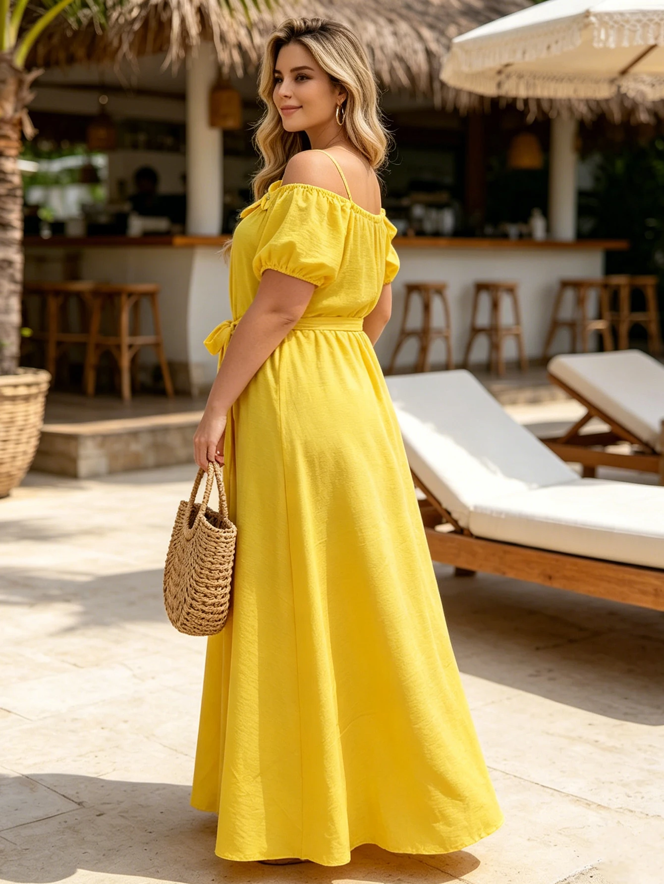 Vintage Casual Summer Breathable Eco-Friendly Maxi Dress V-Neck Half Sleeve Tiered Flowy Large Size Natural Waist Woven Button - Image 3
