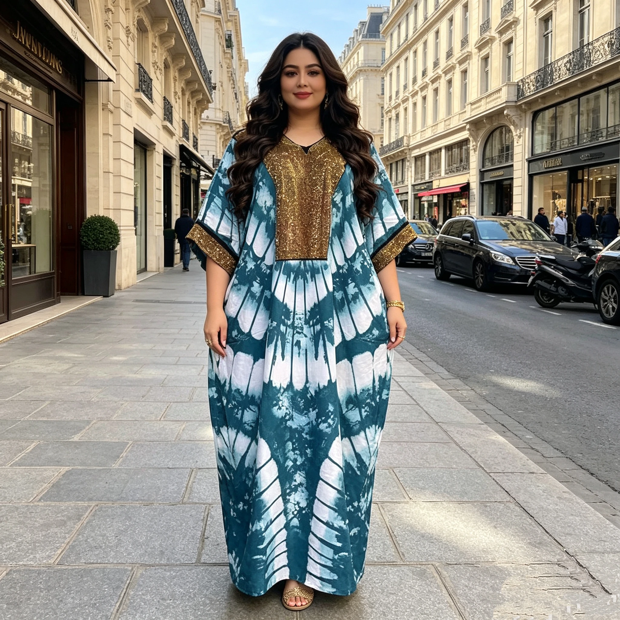 New Fashionable Large Elegant African Muslim Abaya Print Dress for Women Loose Casual Style with Long Sleeves and Hot Diamond - 图片 6