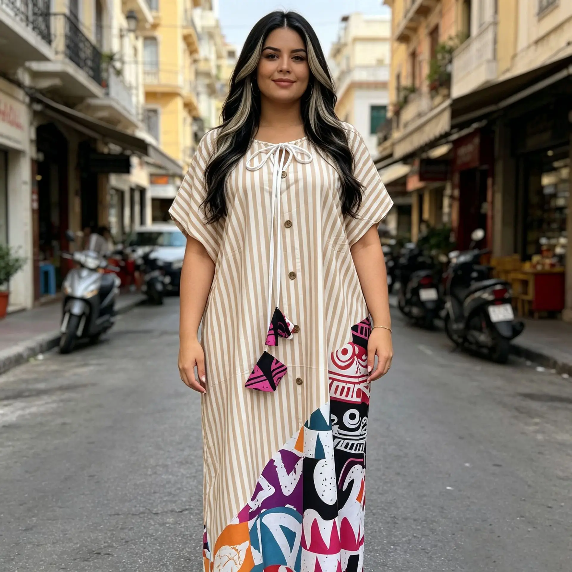 2026 Cross-border New Striped Stitching Dashiki Polyester Short Sleeves Loose Fit Elegant Women's Factory Wholesale - Image 4