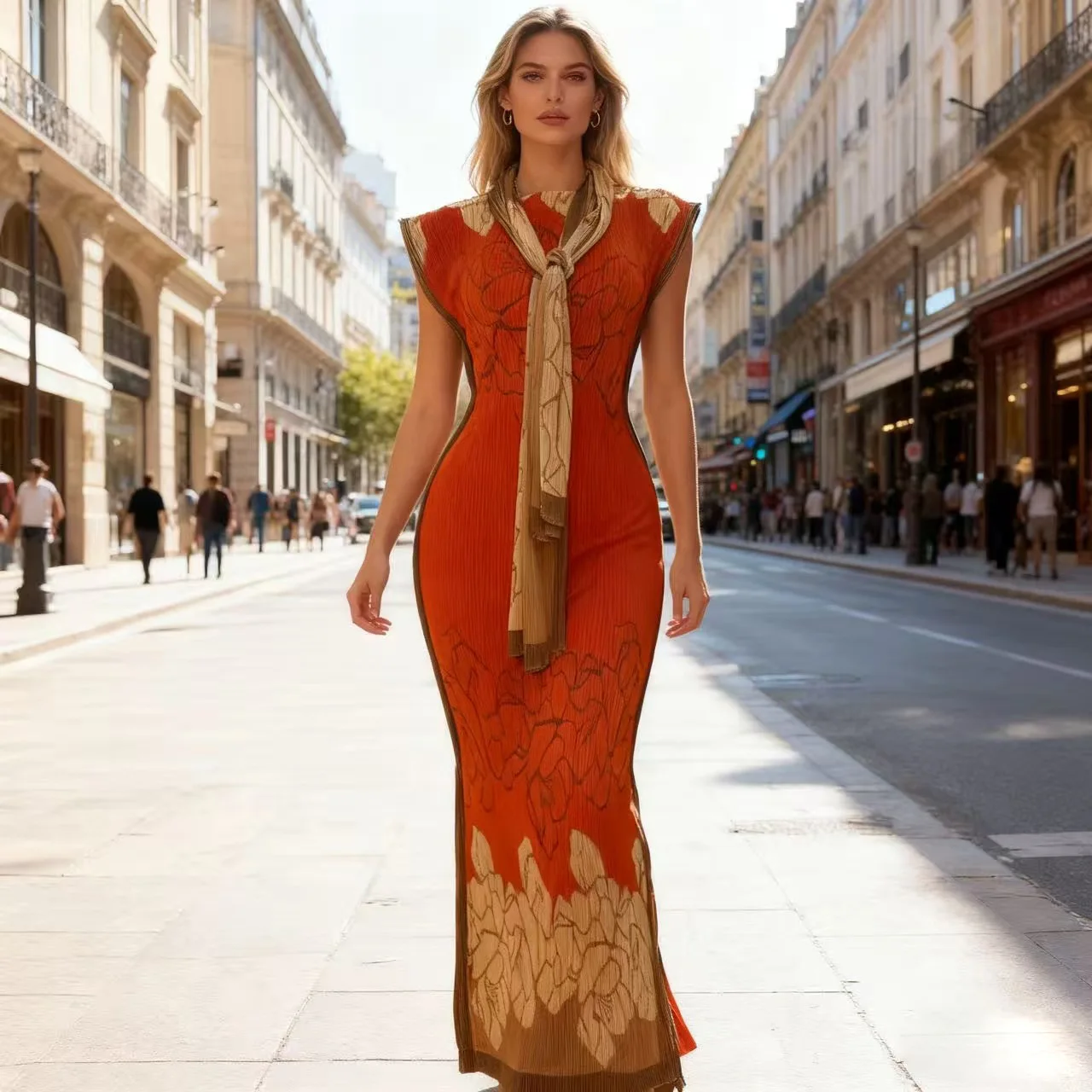African Women's Muslim Summer Fashion Elegant Geometric Pattern Long Dress European American Neck Regular Sleeves Stretch Slim - Image 3