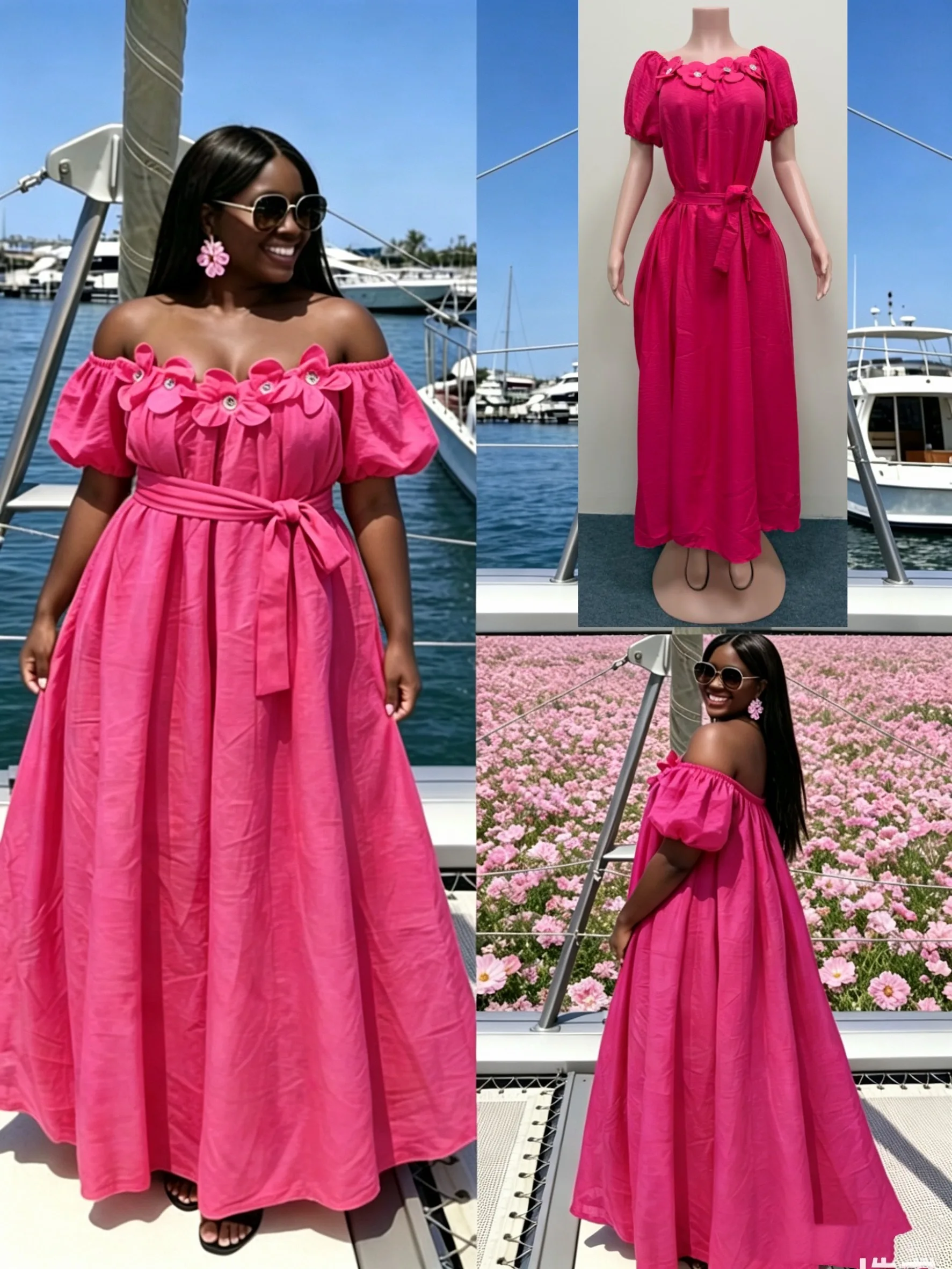 Women's Loose Anti-Wrinkle Printed Lace Casual 3D Flower Kaftan Dress for Summer Beach-Polyester