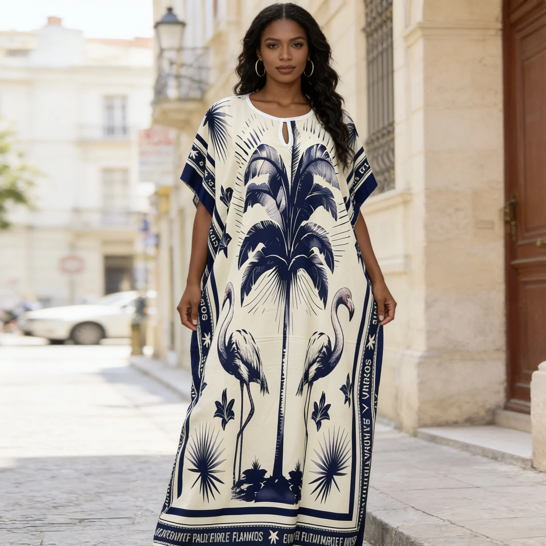 Handmade Vintage Printed Polyester Dress Breathable Muslim Robe Loose V-Neck Casual for Winter Summer Autumn Eid One Fits All - 图片 5