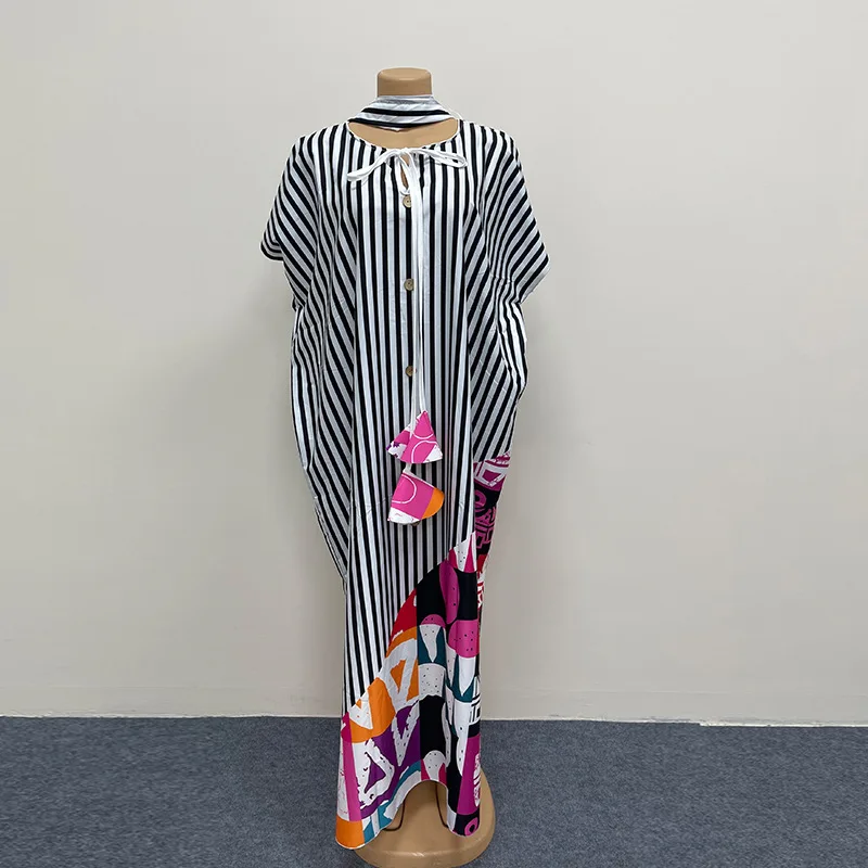 2026 Cross-border New Striped Stitching Dashiki Polyester Short Sleeves Loose Fit Elegant Women's Factory Wholesale - Image 2
