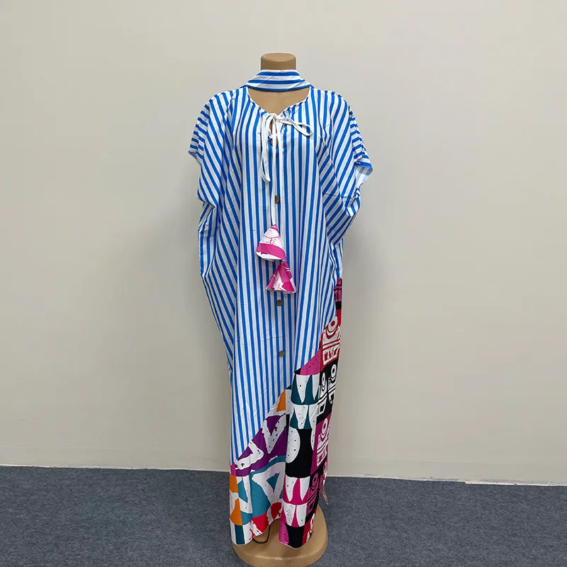 2026 Cross-border New Striped Stitching Dashiki Polyester Short Sleeves Loose Fit Elegant Women's Factory Wholesale - Image 6