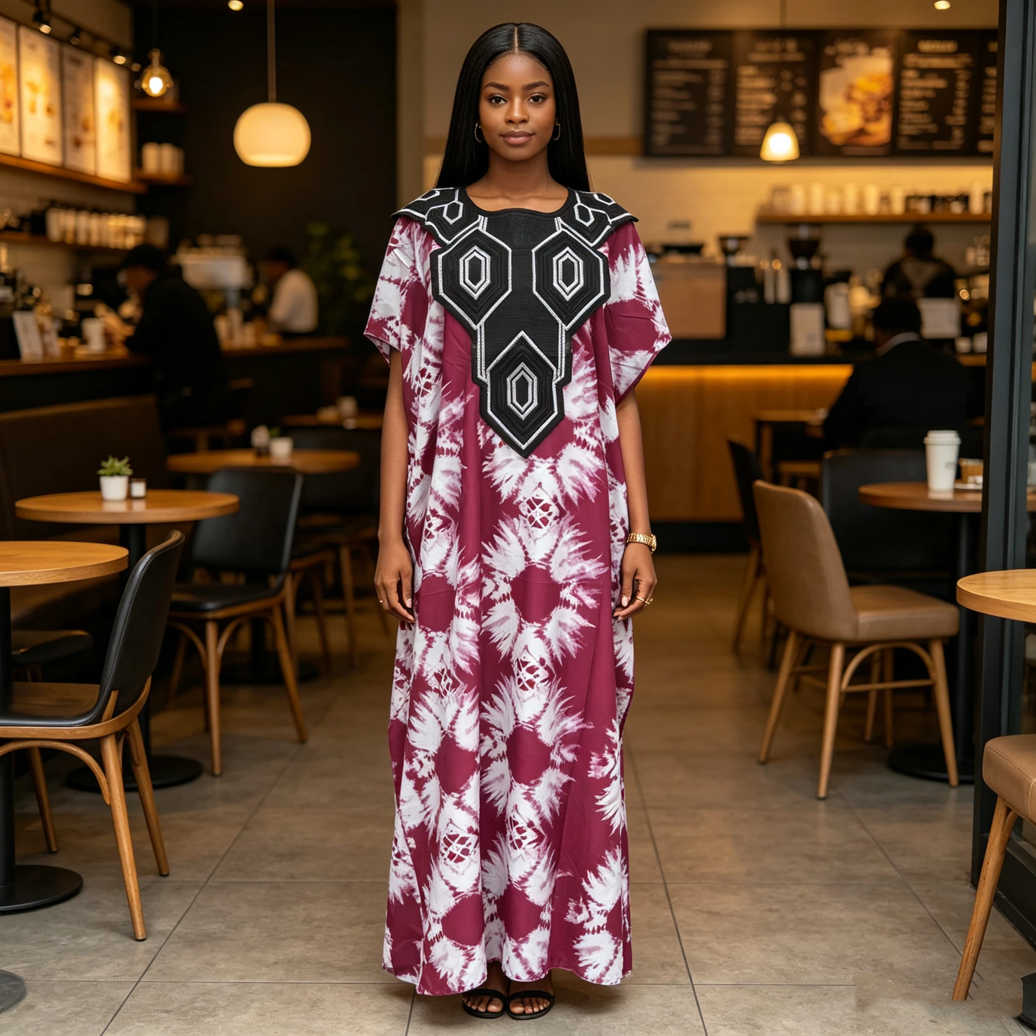 New Style Fashion Casual Summer Pocket V-Neck Tie Dyed African Printed Women Loose Dress - 图片 4