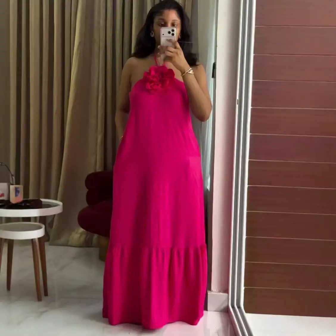 Women's Plus Size Solid Color Kaftan Long Holiday Dress with Robe and Skirt Breathable Silk Dashiki - Image 3