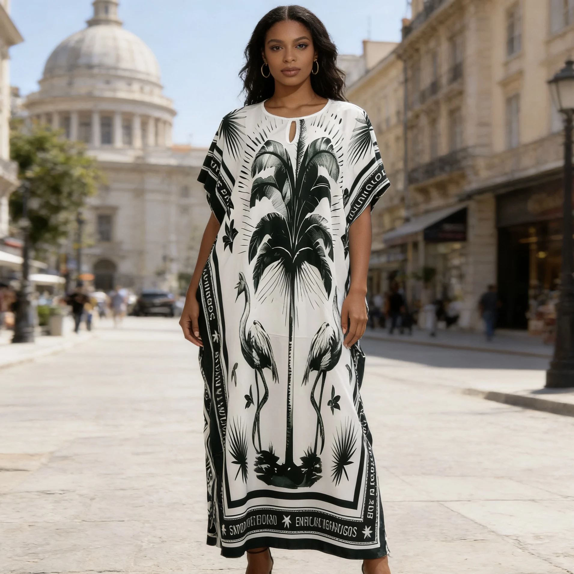 Handmade Vintage Printed Polyester Dress Breathable Muslim Robe Loose V-Neck Casual for Winter Summer Autumn Eid One Fits All - 图片 3