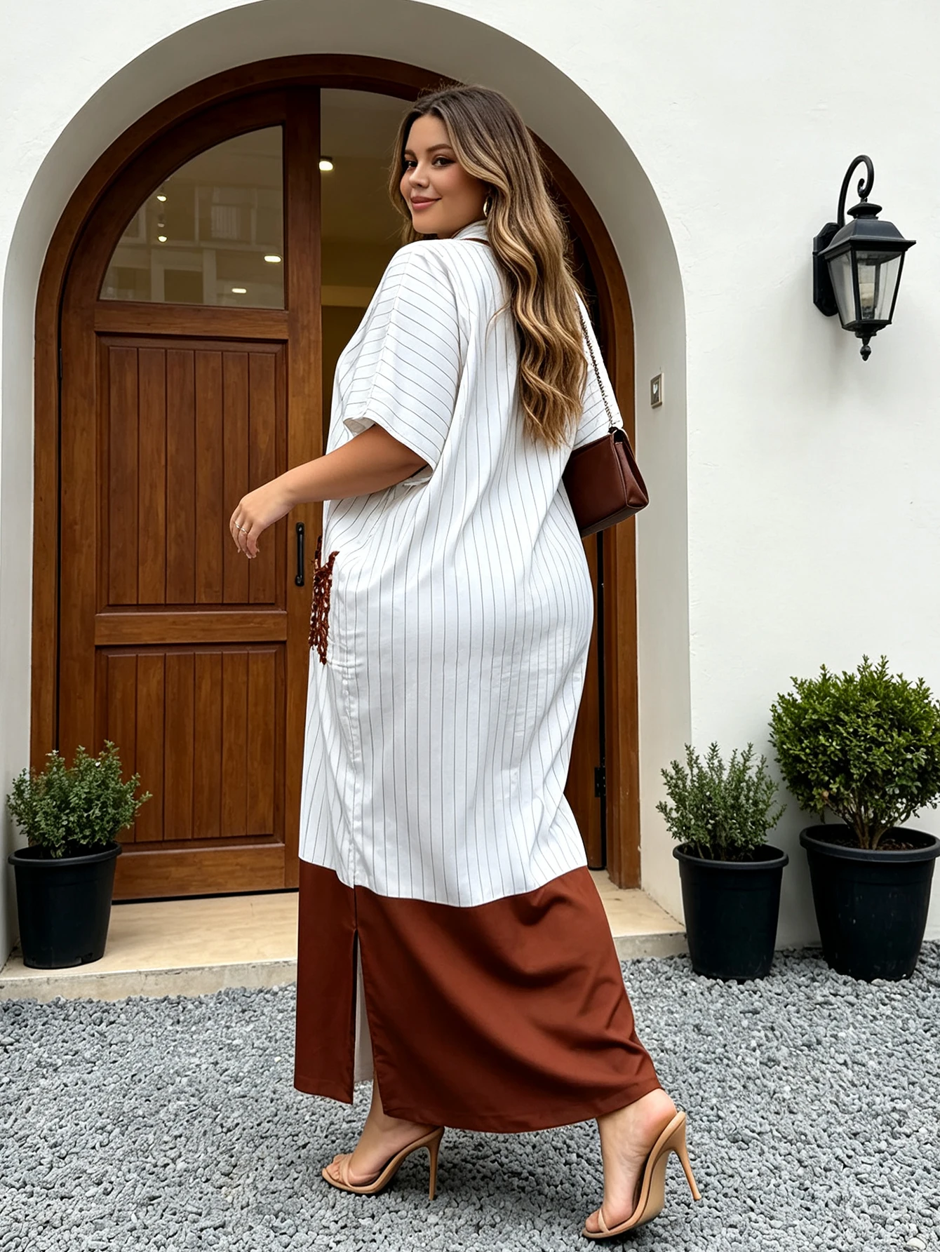 2026 Collection African Style Women's Plus-Size Dashiki V-Neck Striped Knitted Top Long Made Polyester for Loose Vacation Wear - 图片 2