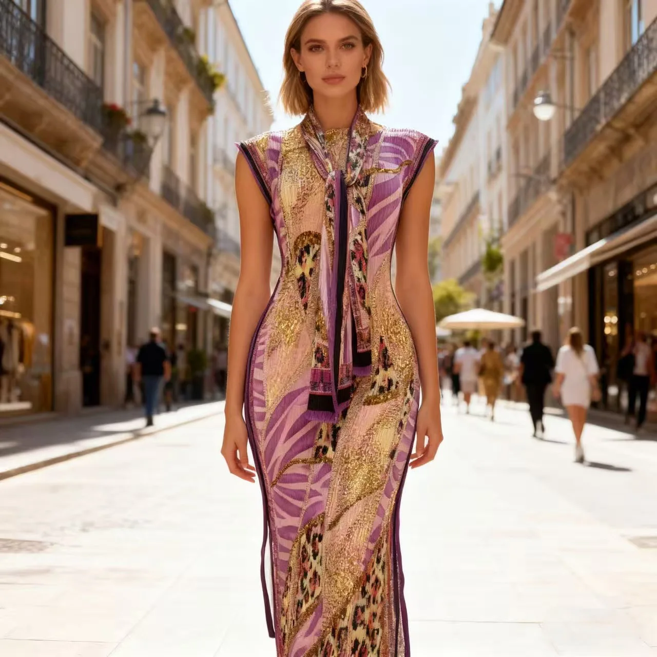 African Women's Muslim Summer Fashion Elegant Geometric Pattern Long Dress European American Neck Regular Sleeves Stretch Slim - Image 2
